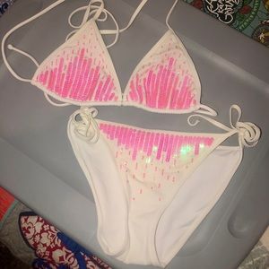 White with bright pink sequin bathing suit